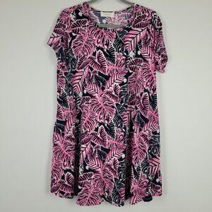 Peach Love California Pink Navy Blue Tropical Leaf Dress M